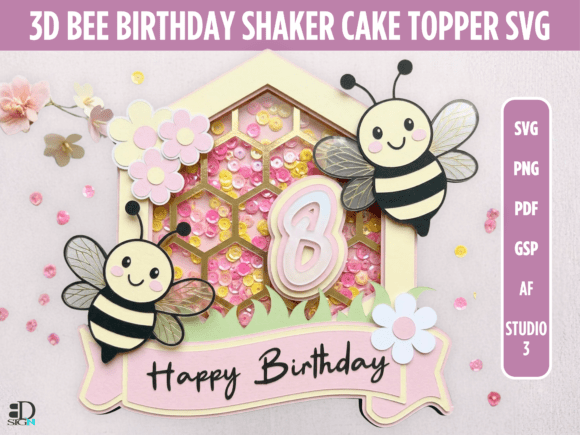 3D Bee Birthday Shaker Cake Topper SVG