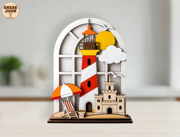 3D Layered Lighthouse Beach Scene SVG