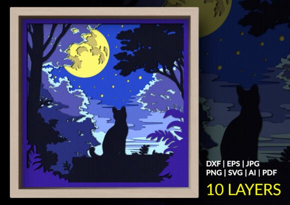 Moonlight Cat 3d Shadow Box, Cat SVG: Bringing Mystical Serenity to Your Craft Space