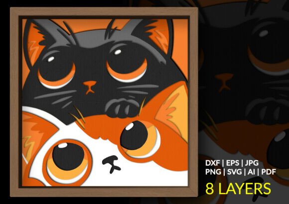 Stacked Cats Duo 3D Shadow Box SVG